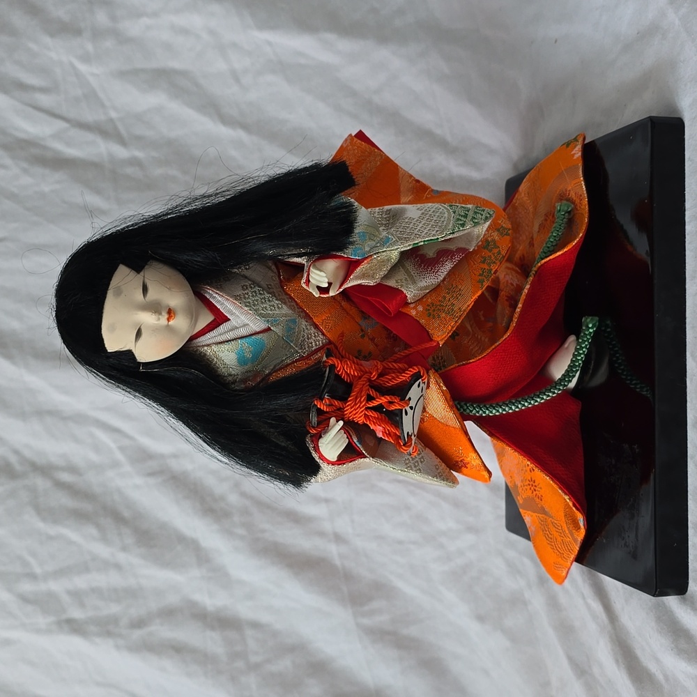 Vintage Traditional Japanese Doll in Kimono on Wood board